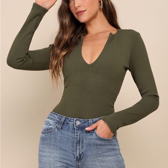 Lulus Tops - NWT LULUS Trendy Endeavor Olive Green Ribbed Notched Long Sleeve Top